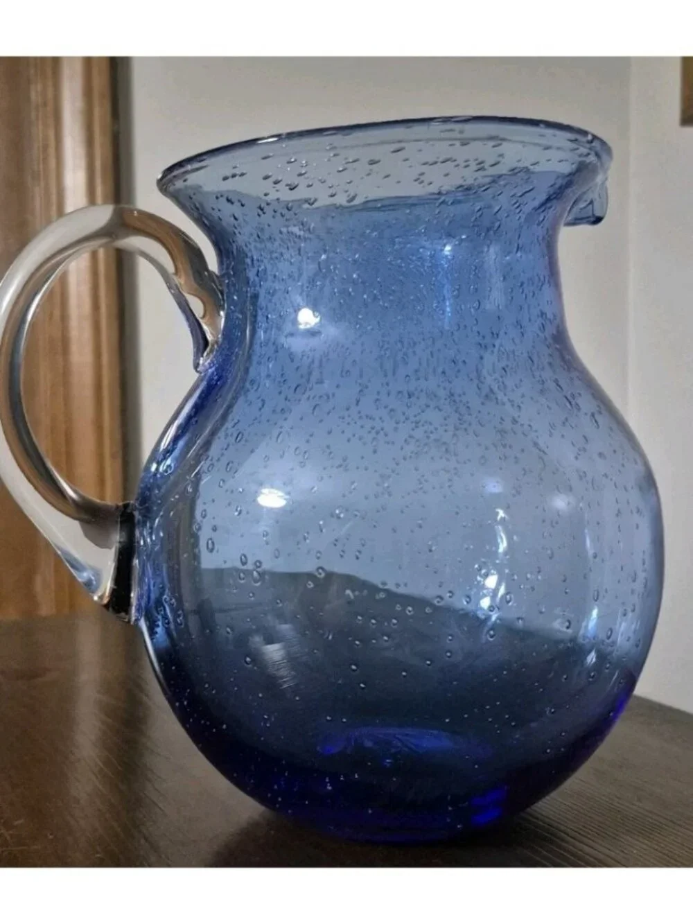 Tag LTD Cobalt Blue Bubble Glass Pitcher Hand Blown Clear Handle 96 oz.